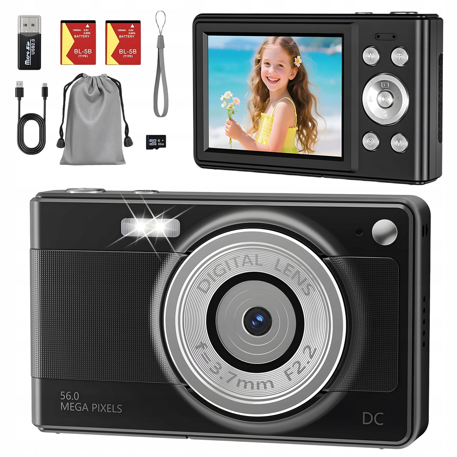DIGITAL CAMERA PHOTOS 56MP VIDEOS 1080P/30FPS 16XZOOM ANTISHAKE 32GB BLACK