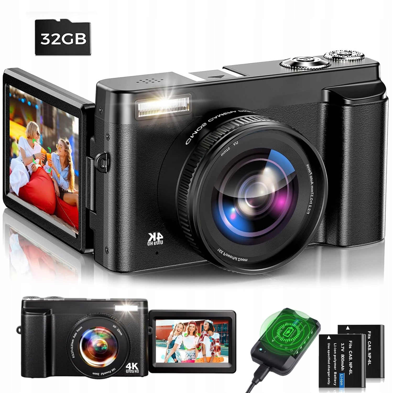 DIGITAL CAMERA VLOG WIFI 4K 48MP 16X ZOOM ANTISHAKE 180° ROTATION + 2X AKU Brand Bedee