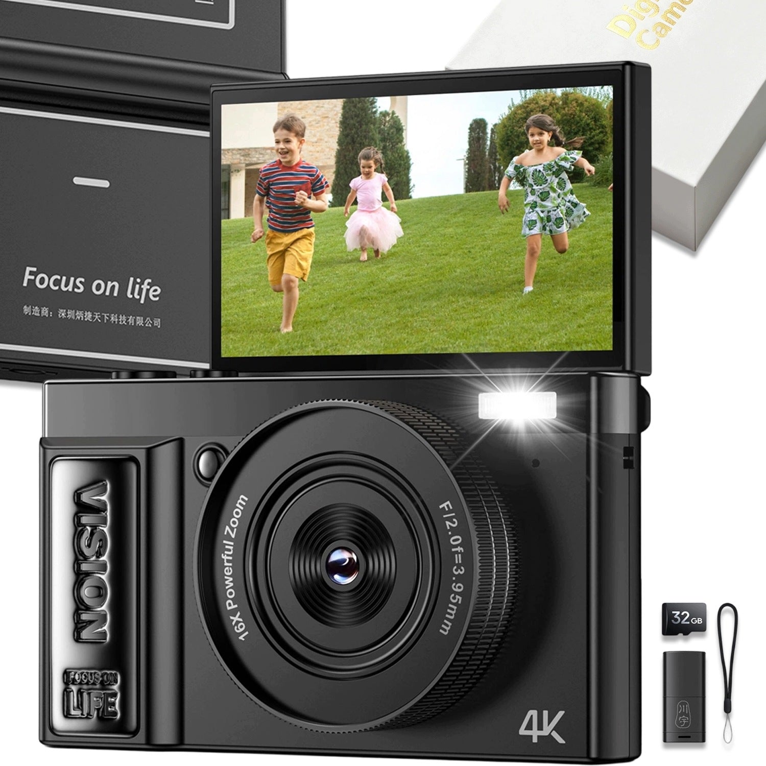 DIGITAL CAMERA WITH ROTATING SCREEN 3" 64MP VIDEO 16X 4K TAKE PHOTOS BLACK