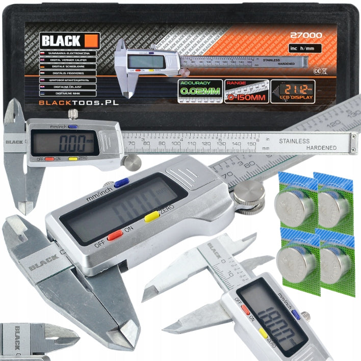 DIGITAL ELECTRONIC CALIPER 150 mm BLACK + CASE + BATTERIES