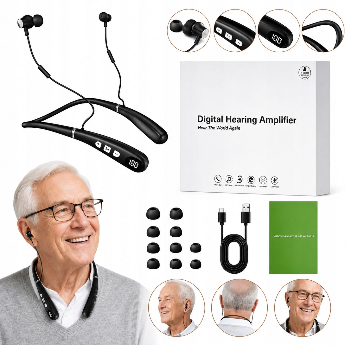 DIGITAL HEARING AID WITH RECHARGEABLE BATTERY AND SOUND AMPLIFIER ADJUSTABLE