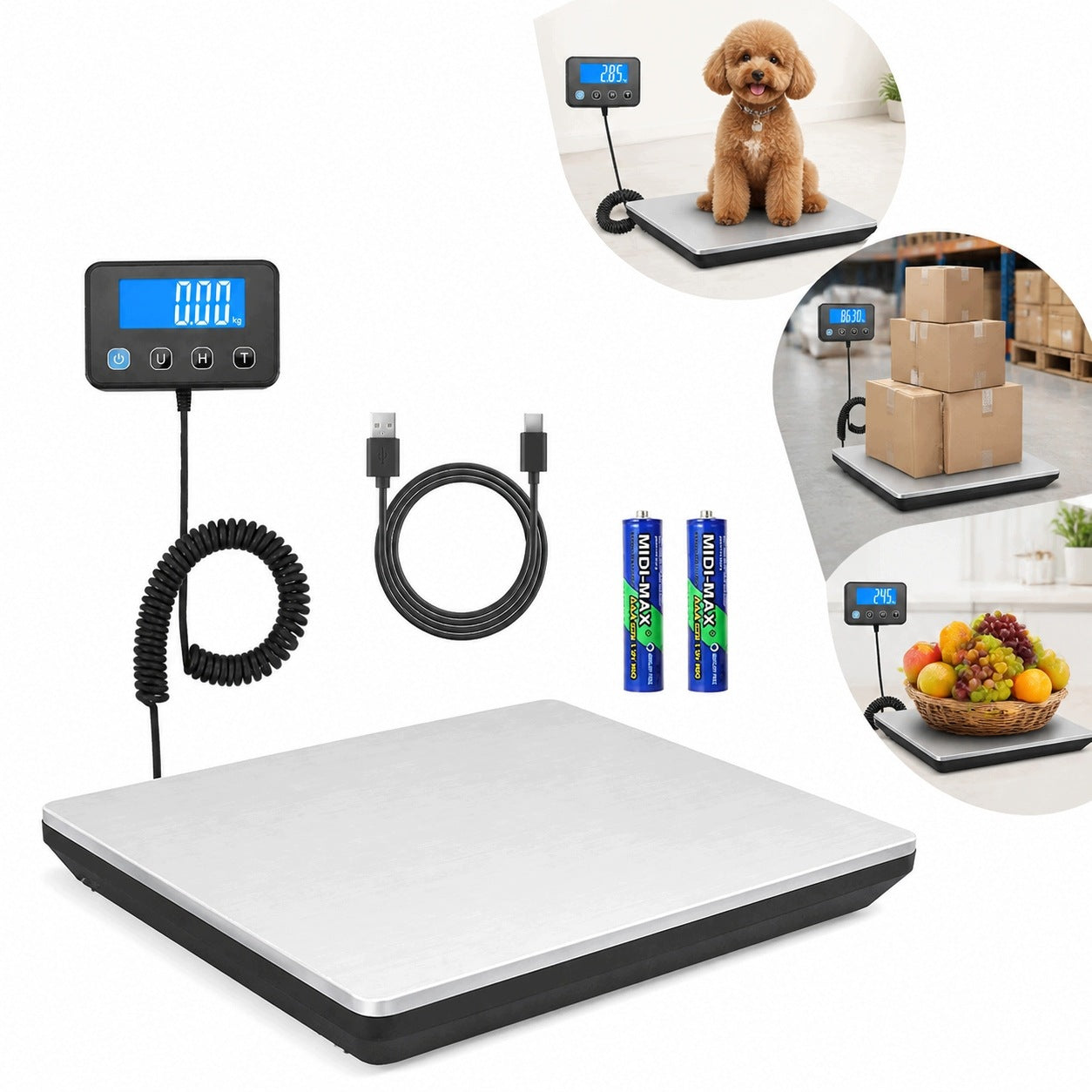DIGITAL PARCEL SCALE 200KG WITH LCD USB POWER SUPPLY, SILVER