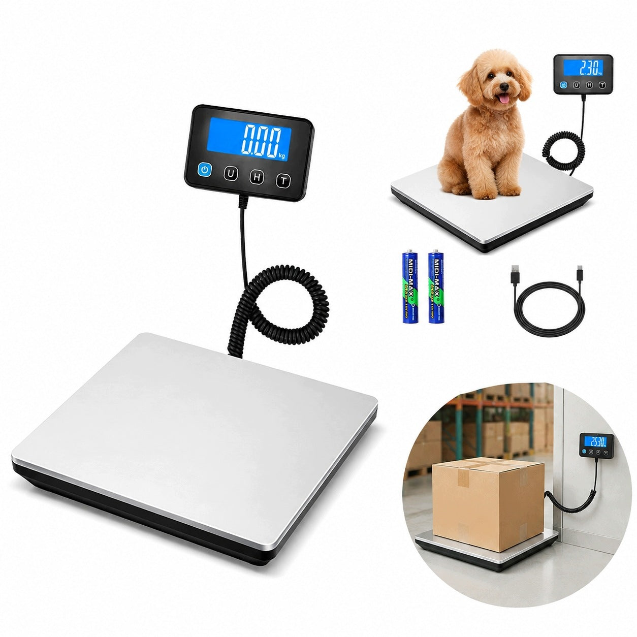 DIGITAL SCALE 200KG WITH DISPLAY AND TARE, SILVER