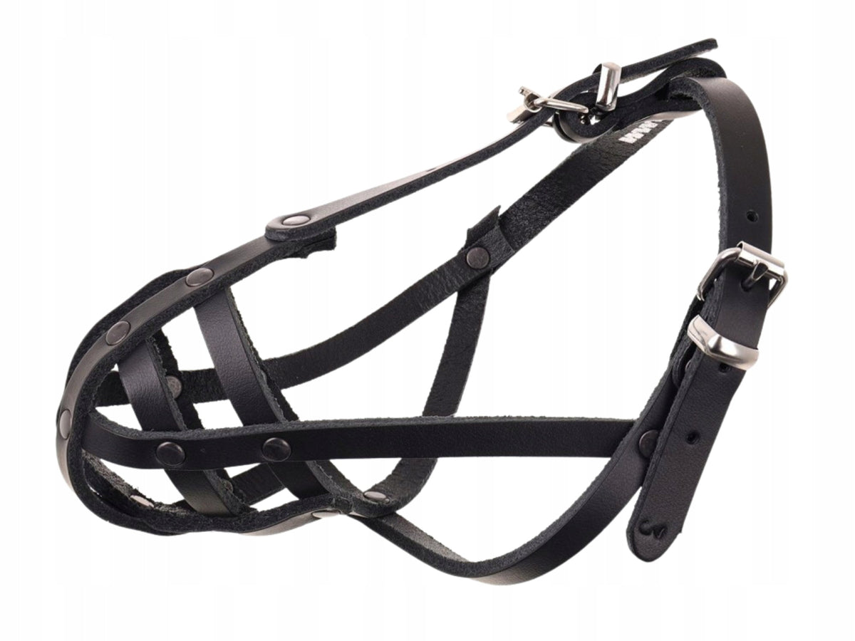 DINO Dog muzzle Leather riveted 3 Ratlerek - Black /18x8x19 cm