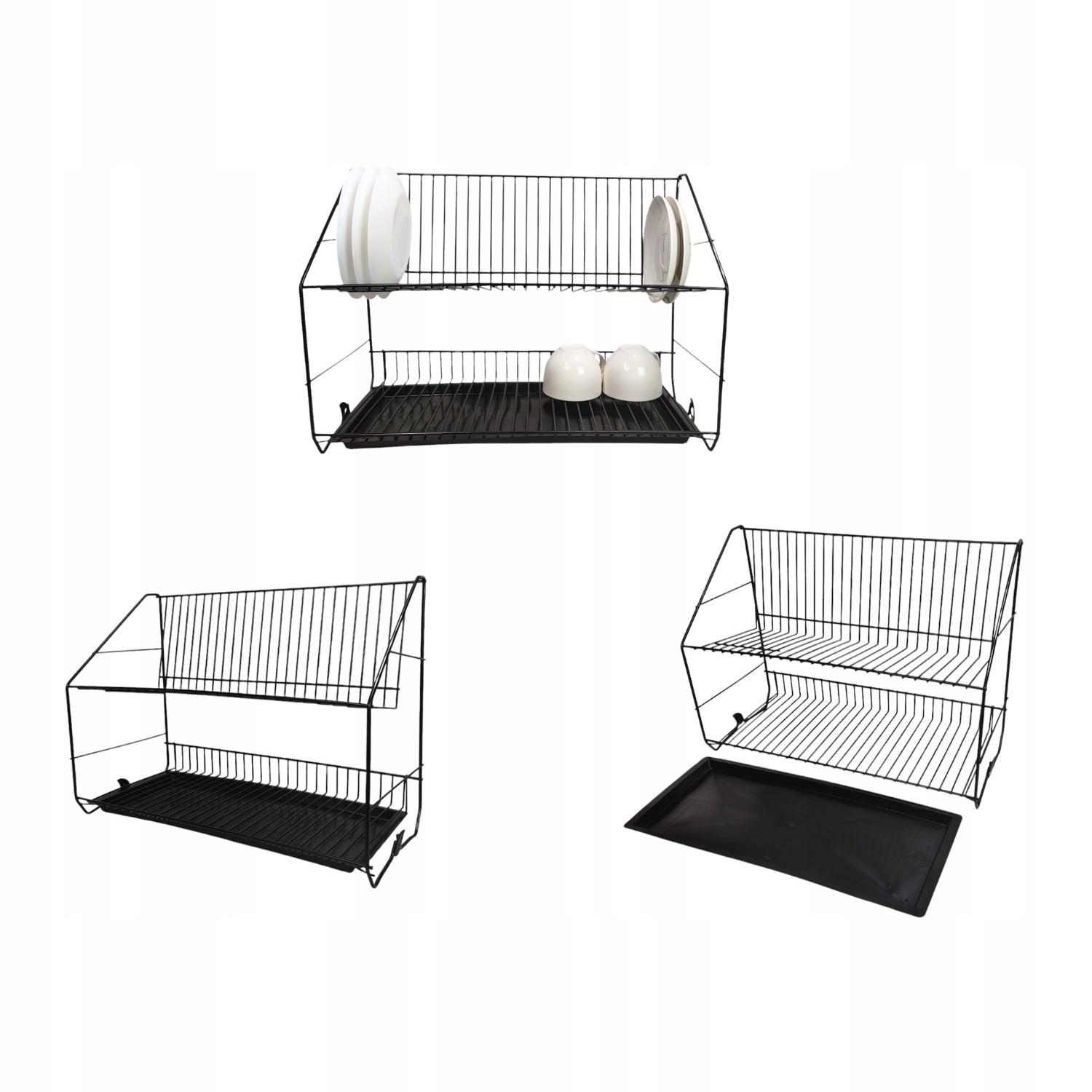 DISH DRAINER DRYER TWO-LEVEL BLACK DRAINER WITH TRAY