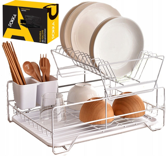 DISH DRYER STANDING WHITE TWO-LEVEL DRAINER WITH TRAY W