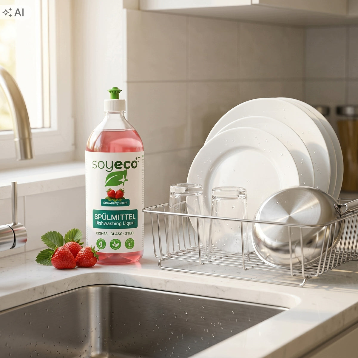 DISHWASHING LIQUID SOYECO 500 ML STRAWBERRY GENTLE ON HANDS Packaging status original