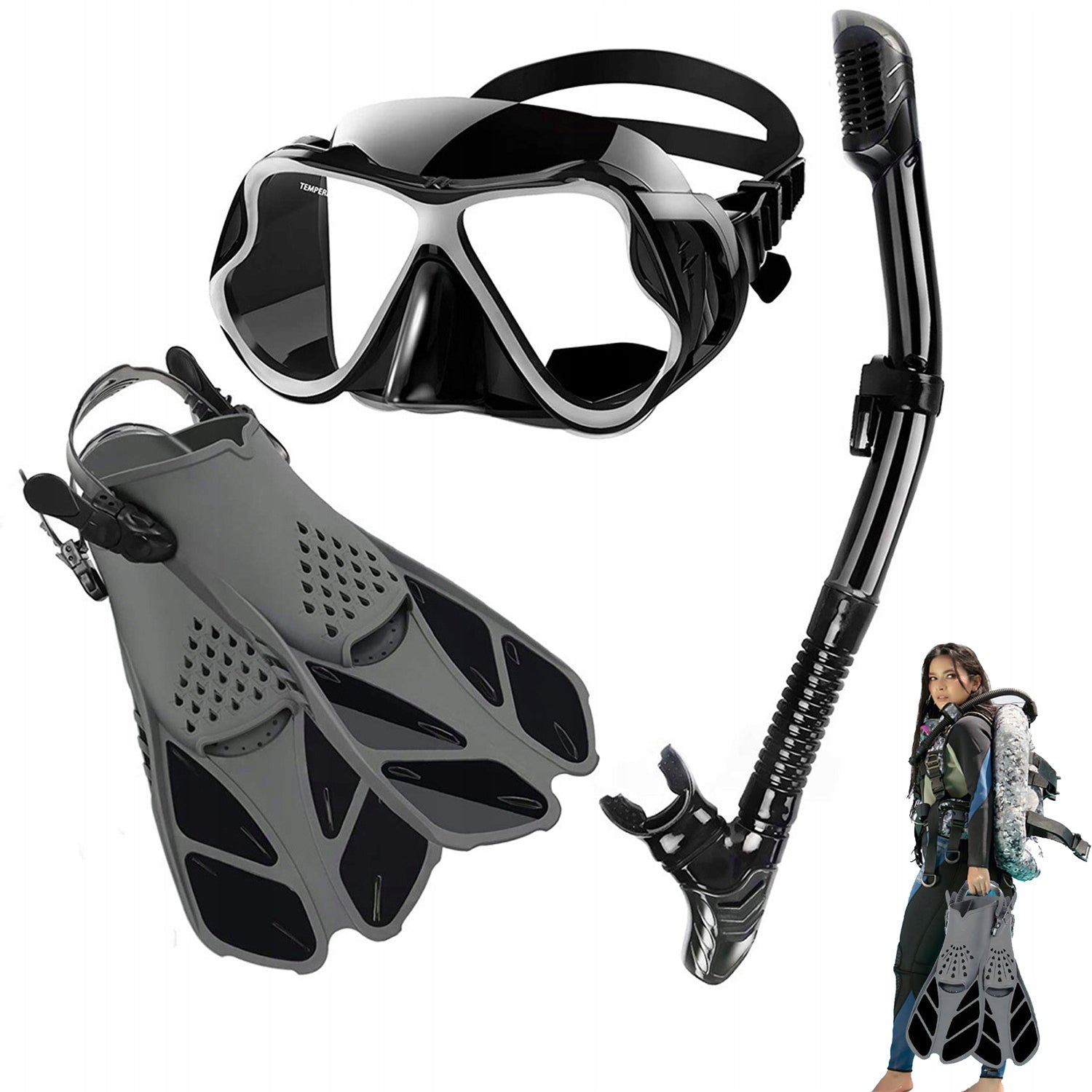 DIVING KIT SNORKELING Kit Mask Snorkel Fins 42-47 DRY Snorkeling Set Black Packaging status original