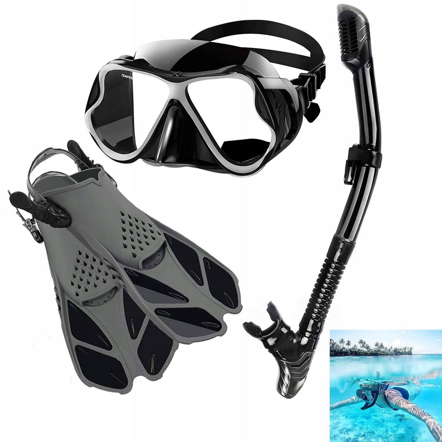 DIVING KIT SNORKELING Kit Mask Snorkel Fins 42-47 DRY Snorkeling Set Black