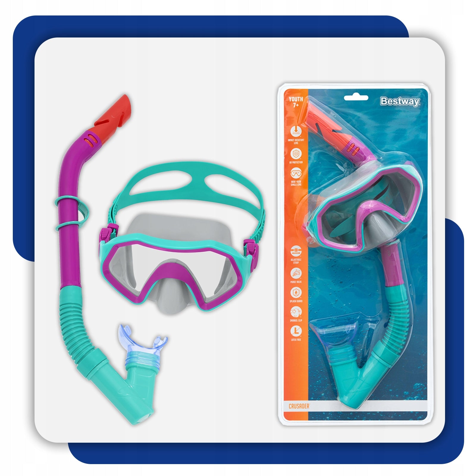 DIVING MASK TUBE SET BESTWAY 24025 SWIMMING GOGGLES UV 7+ Color purple