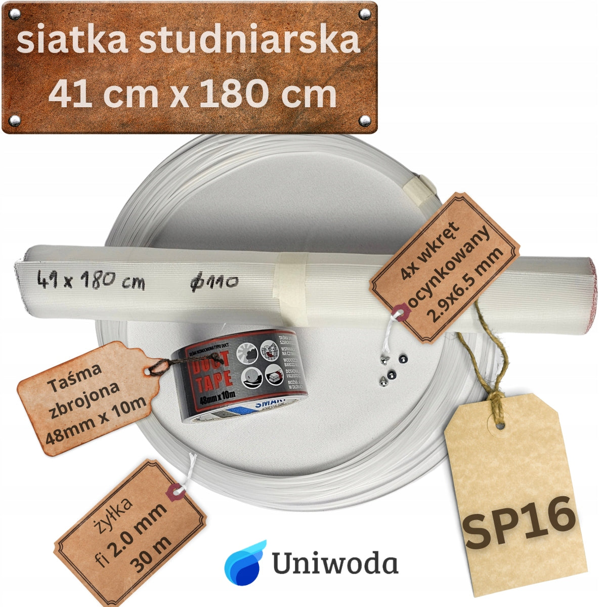 DIY KIT for pipe 2m fi 110 well net SP16 tape and screws Uniwoda Packaging status original