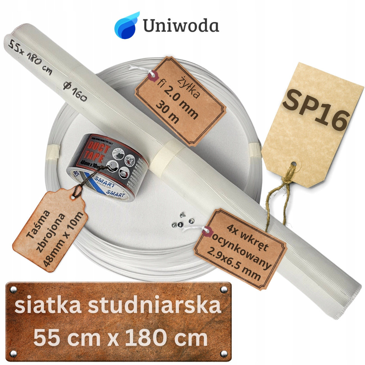 DIY KIT for pipe 2m fi 160 well net SP16 tape and screws Uniwoda Packaging status original