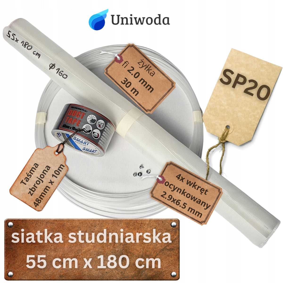DIY KIT for pipe 2m fi 160 well net SP20 tape and screws Uniwoda Packaging status original