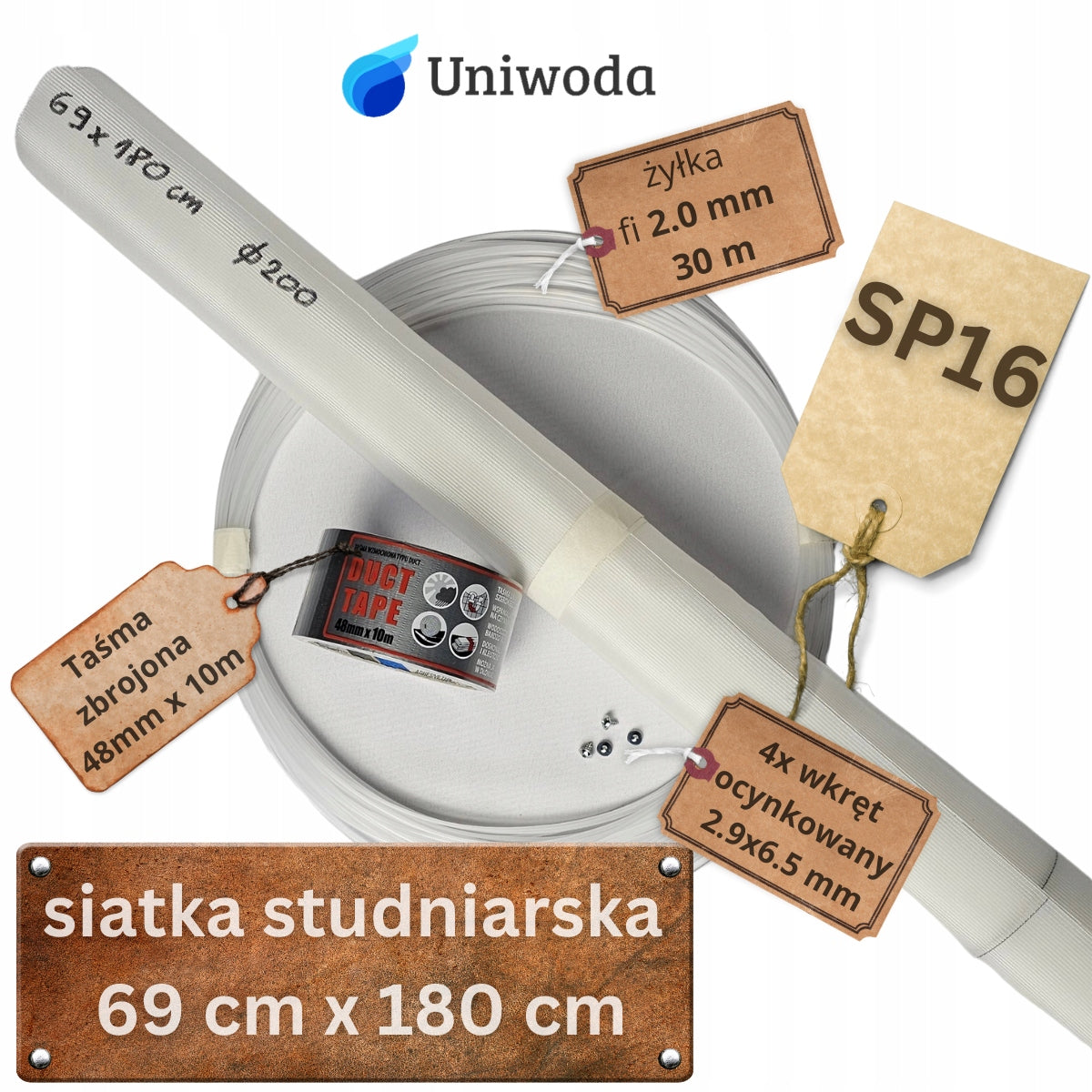 DIY KIT for pipe 2m fi 200 well net SP16 tape and screws Uniwoda Packaging status original