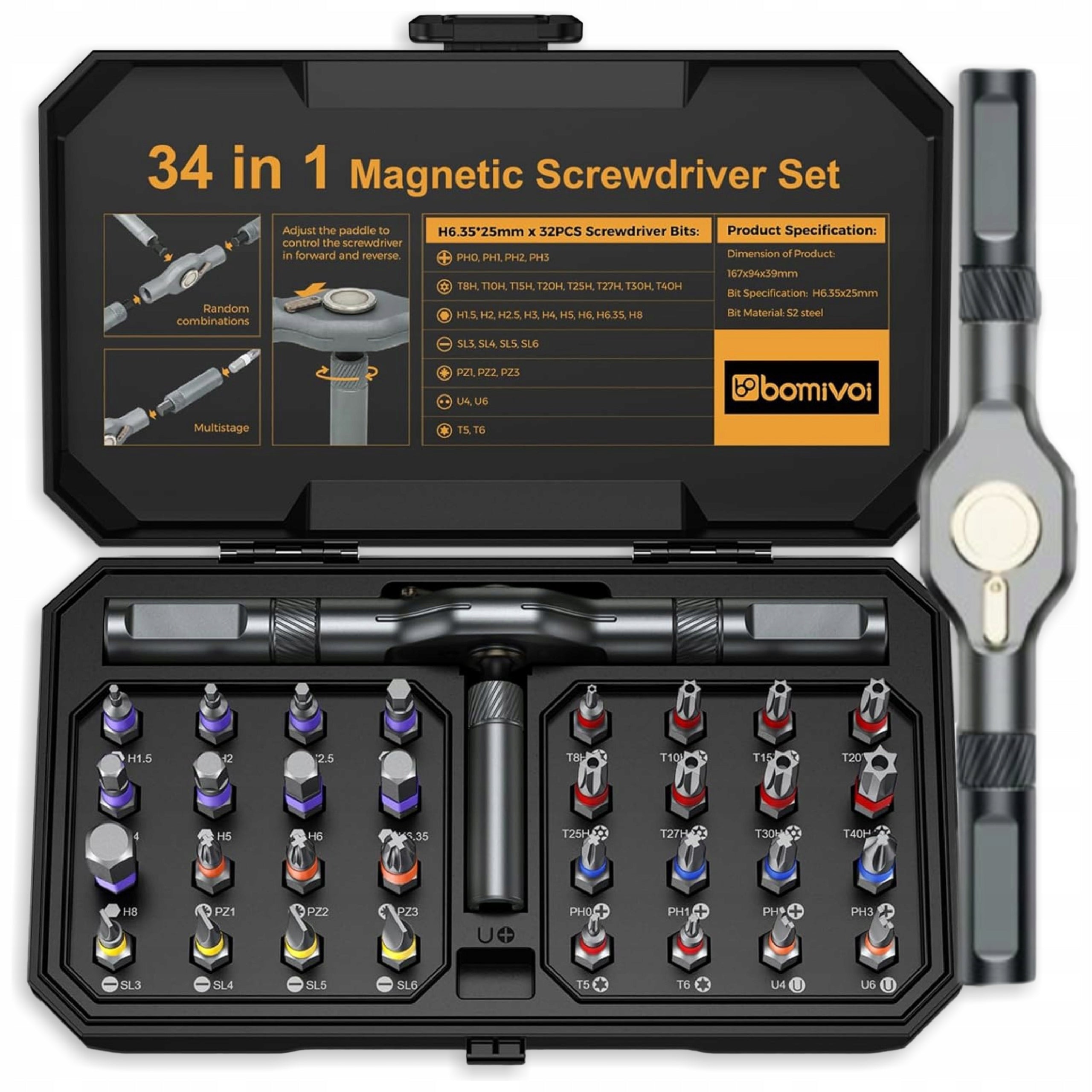 DIY Rattle Screwdriver Kit 34in1 Magnetic Bits Repair Case