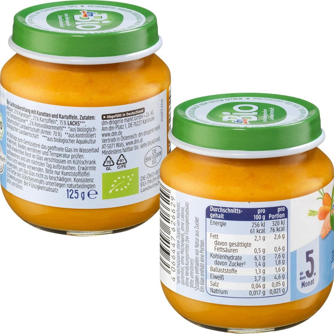 DM BIO FISH IN A JAR ORGANIC SALMON DINNER WITH VEGETABLES FOR BABIES Packaging status original