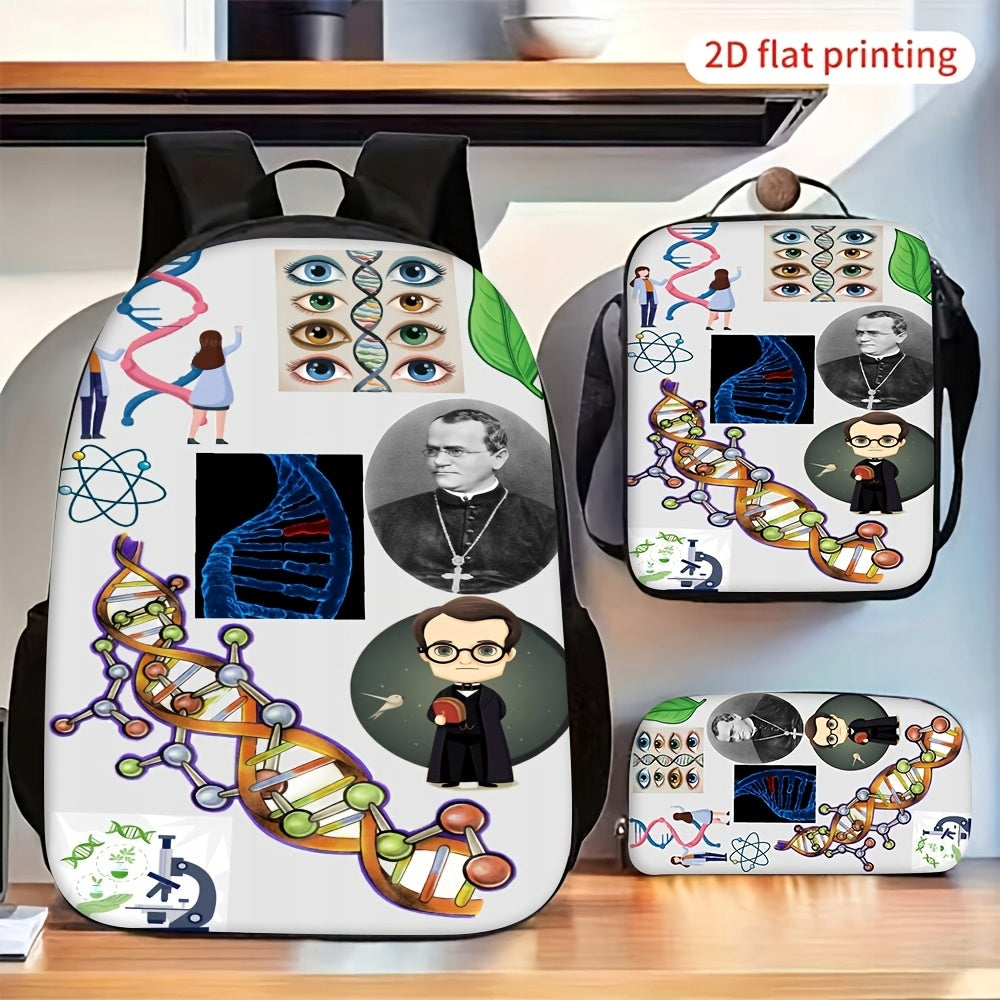 DNA Science Pattern Printed Backpack Set Casual with Pencil Case Lunch Bag