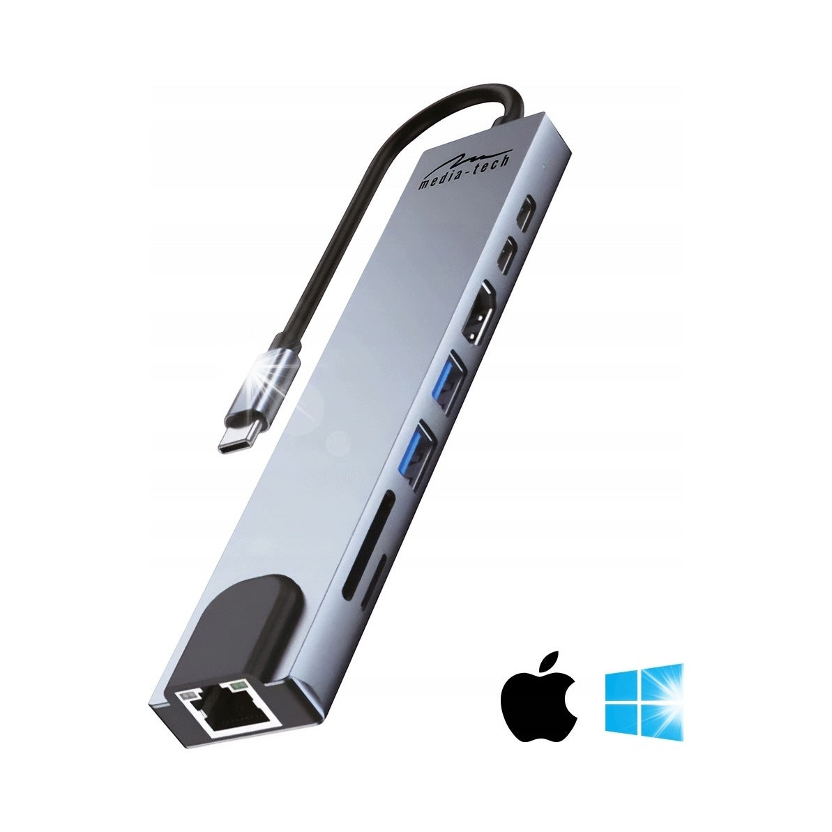 DOCKING STATION Media-Tech USB-C LAN HDMI 8in1 SD microSD 100W GIGA HUB