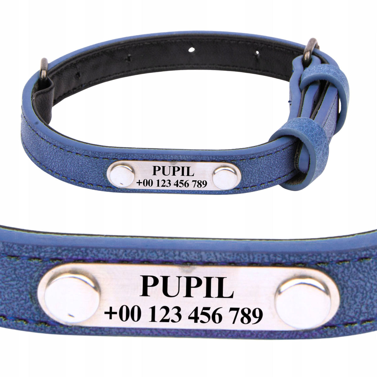 DOG ADDRESS COLLAR WITH ENGRAVING Name and number 57 cm L BLUE