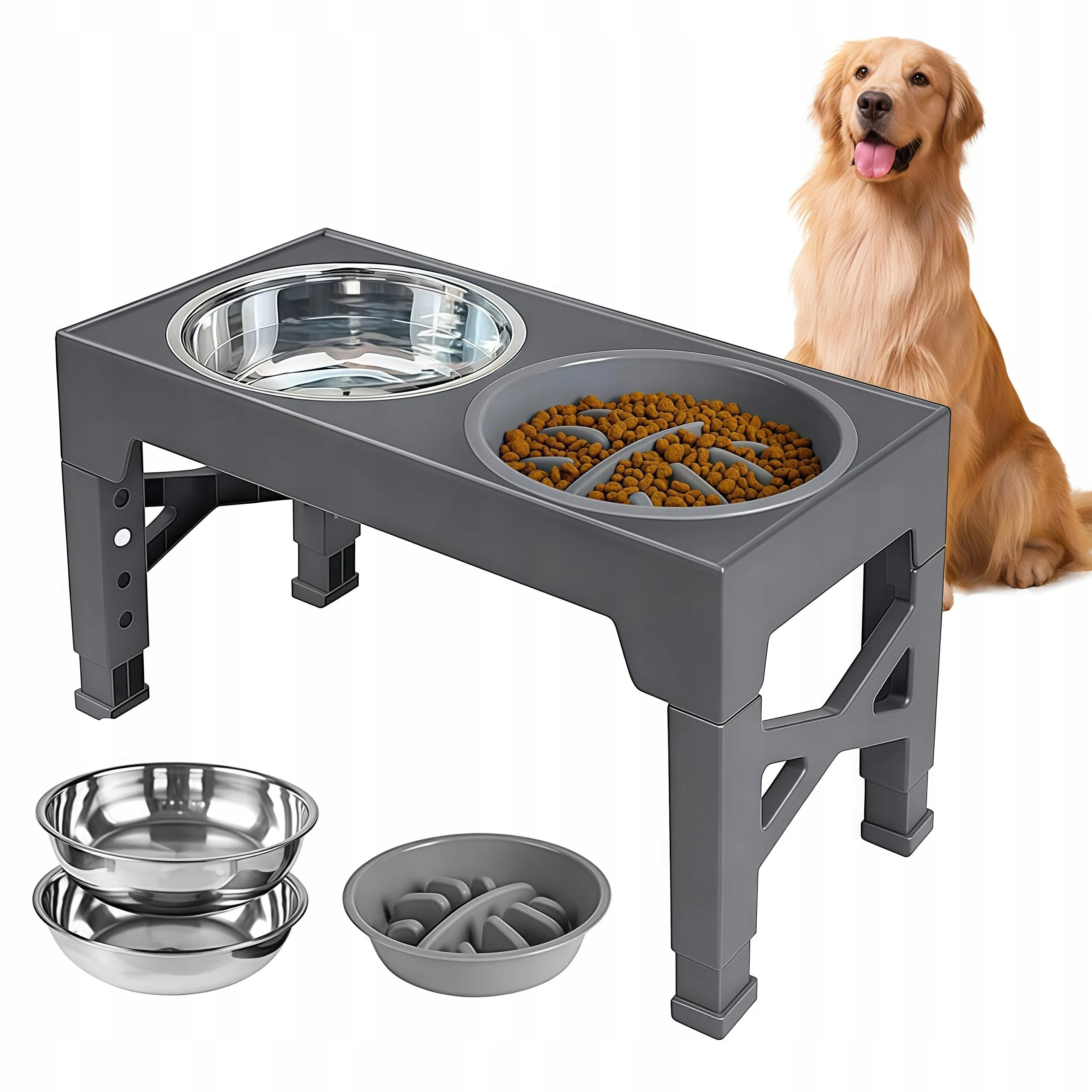 DOG BOWL 2IN1 ADJUSTABLE STAND 5HEIGHT GREY 1100ML FOR BIG DOGS