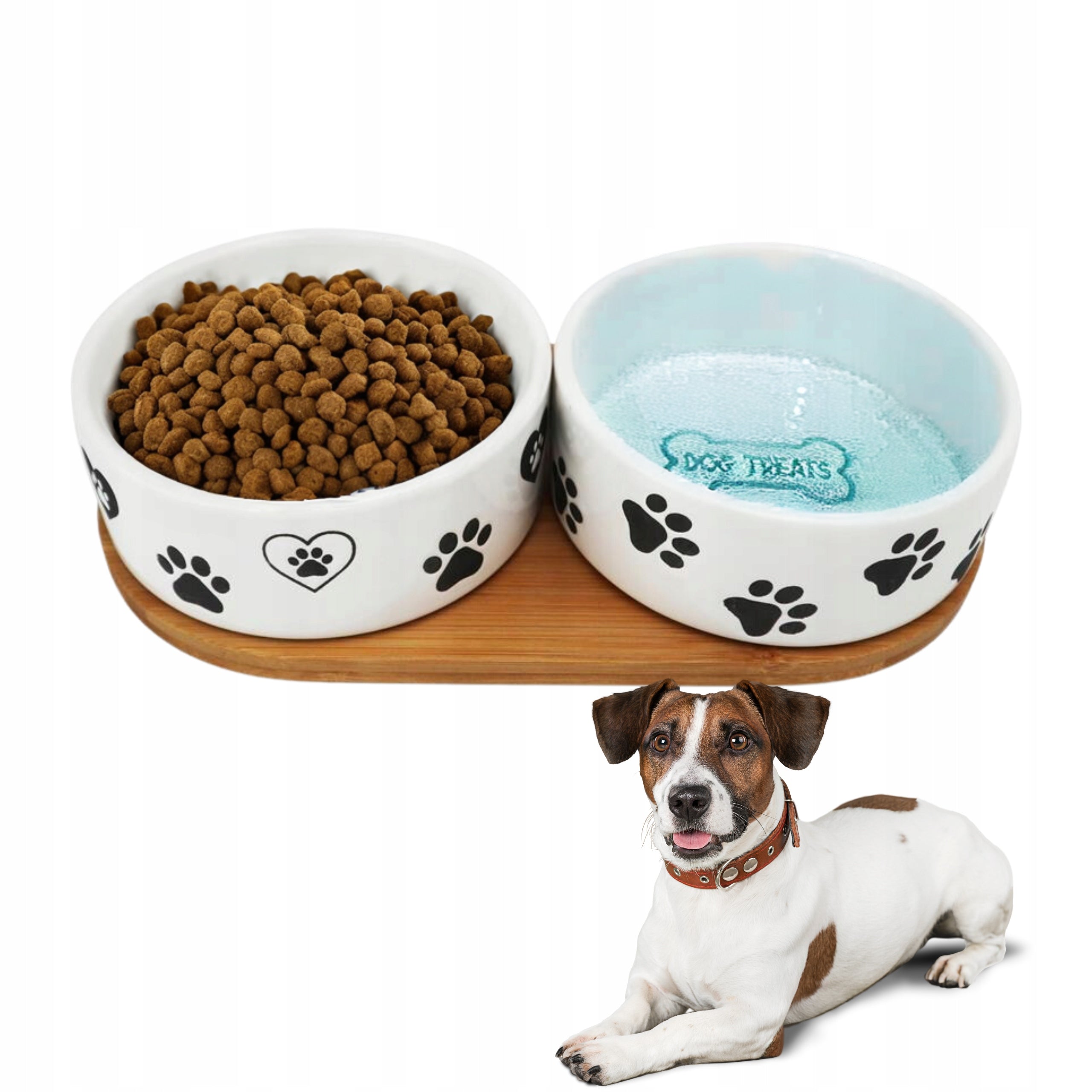 DOG BOWL CERAMIC WHITE BOWL ON WOODEN STAND 2x0,4L Brand no brand