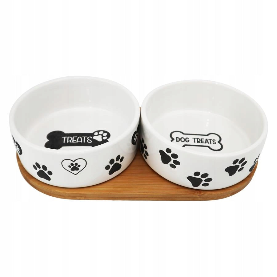 DOG BOWL CERAMIC WHITE BOWL ON WOODEN STAND 2x0,4L Manufacturer code OD2442