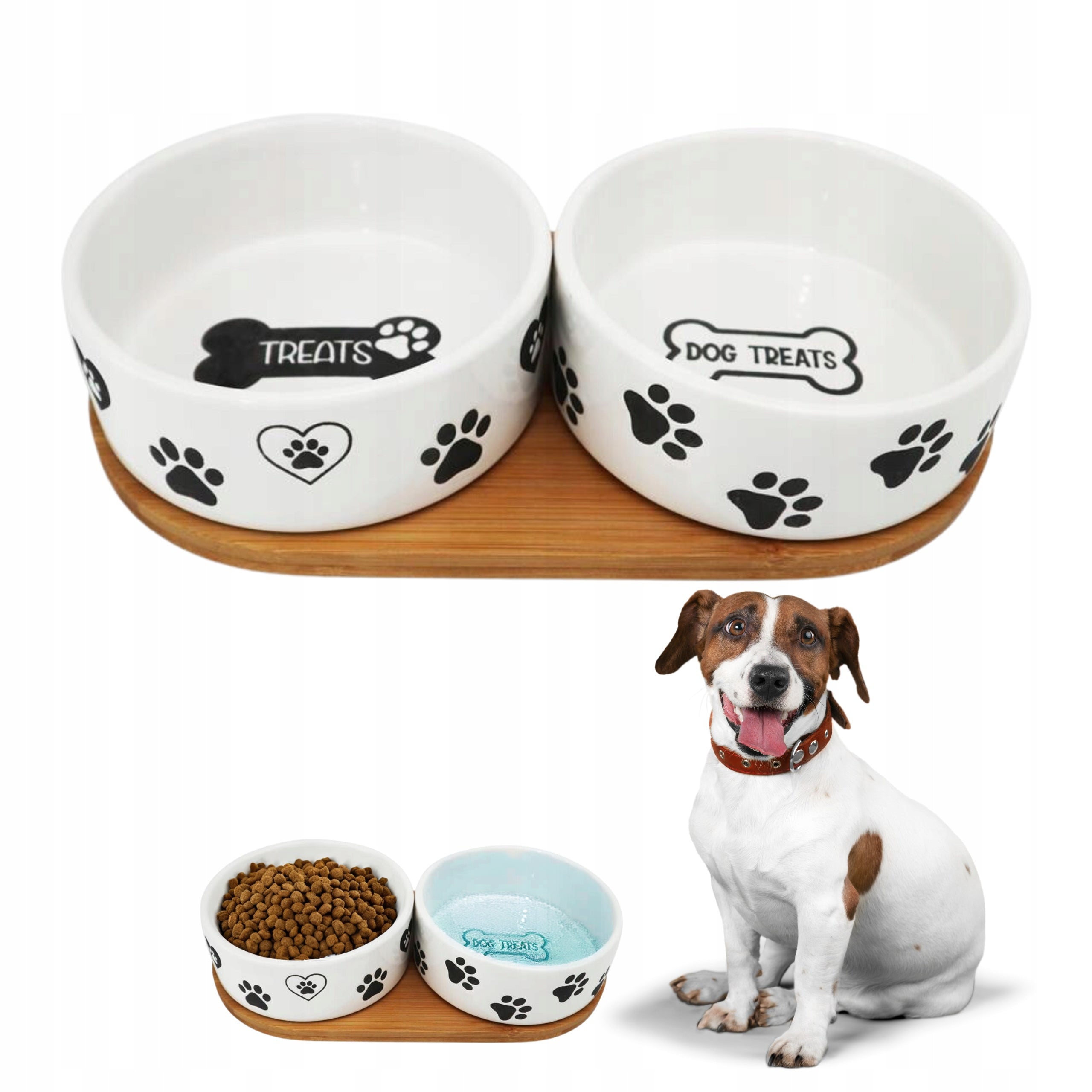 DOG BOWL CERAMIC WHITE BOWL ON WOODEN STAND 2x0,4L