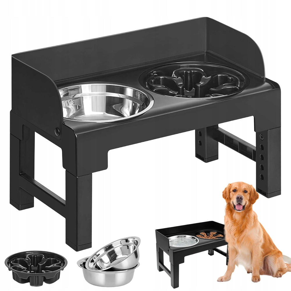 DOG BOWL DOUBLE NON-SPILL SLOWING ADJUSTABLE ON STAND 2IN1
