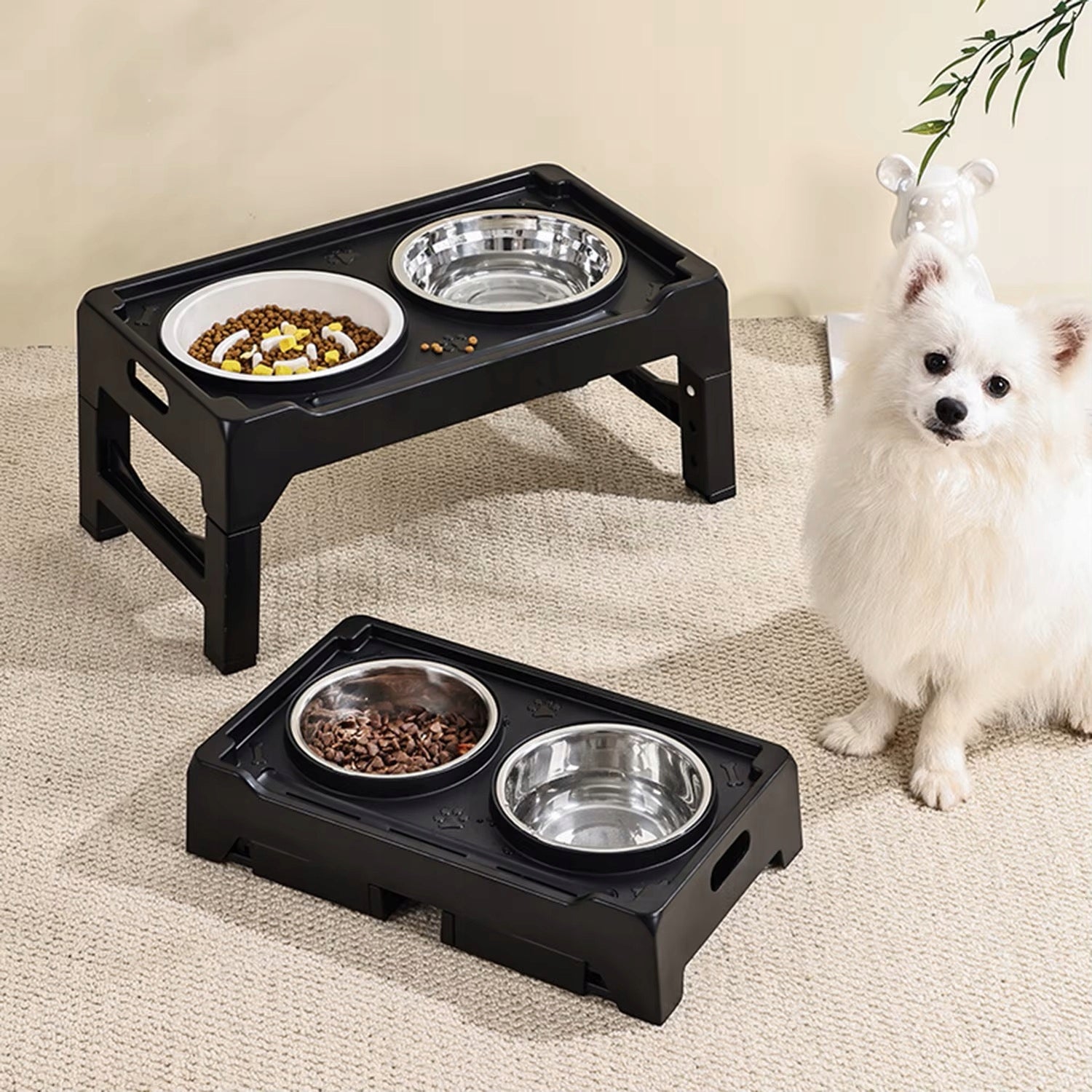 DOG BOWL Double On Stand Adjustable Slowing Metal Black Brand no brand