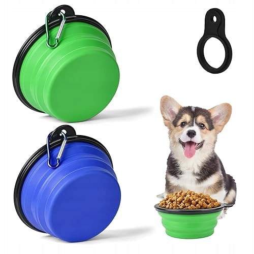 DOG BOWL FOLDING TRAVEL SILICONE ANIMAL CARABINER 2 PCS