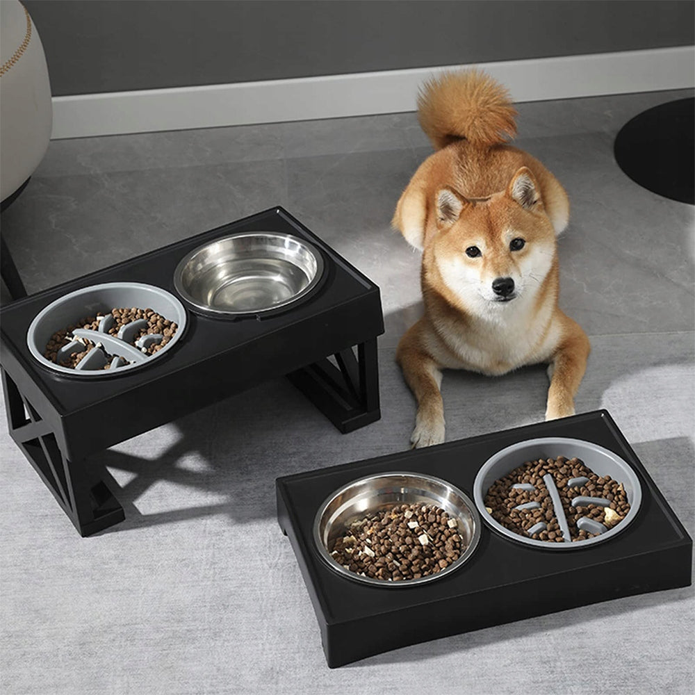 DOG BOWL LARGE DOUBLE HEIGHT ADJUSTABLE STAND 2x METAL BOWLS Color black