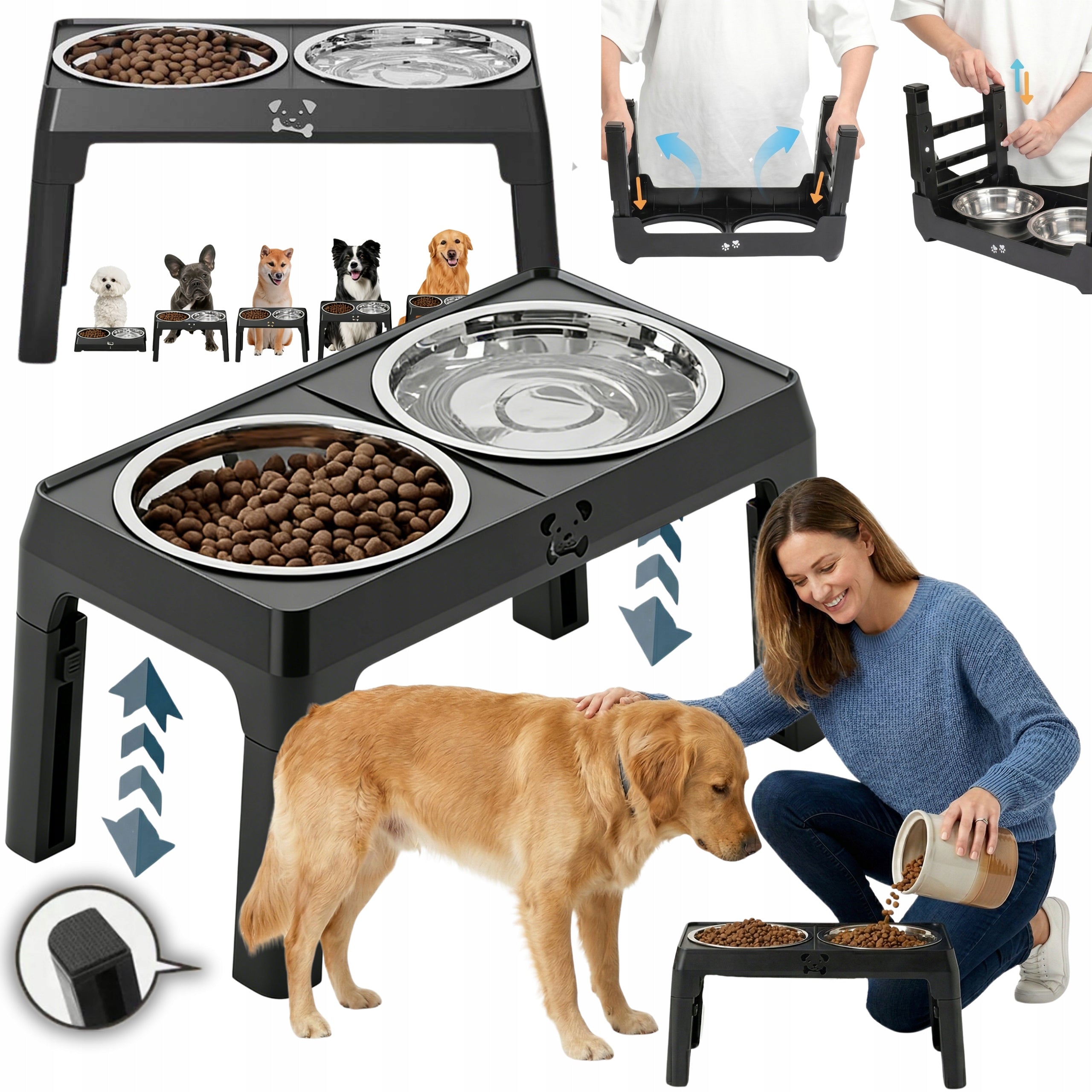 DOG BOWL ON STAND DOUBLE ADJUSTABLE FOR LARGE DOG 2X1L METAL