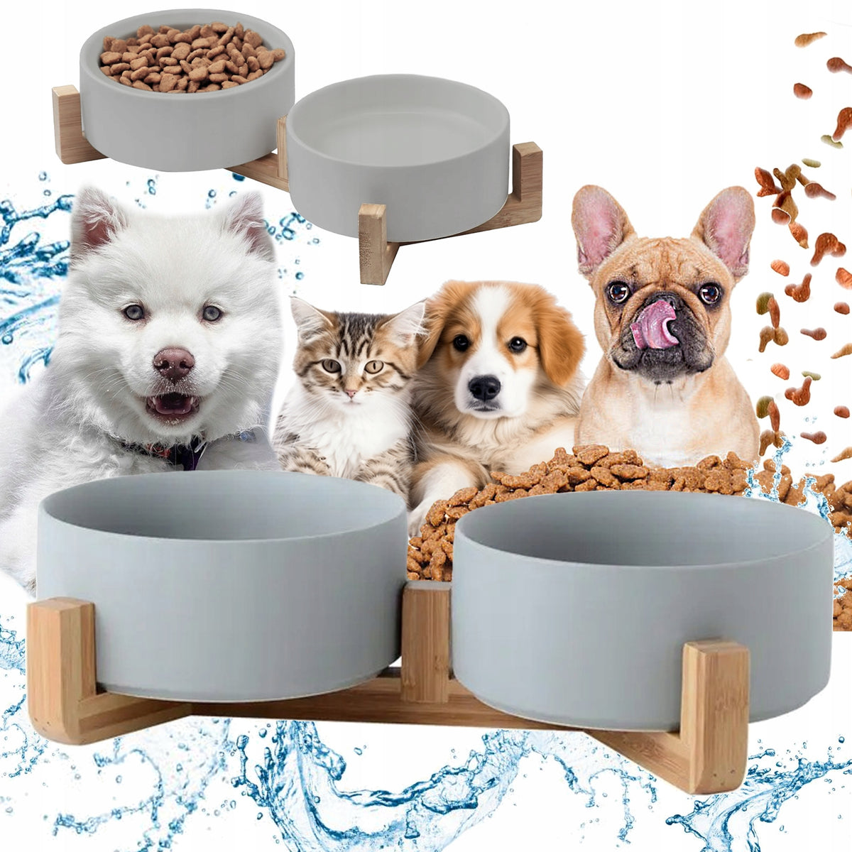 DOG BOWLS CAT BOWL DOUBLE BOWL SET 2X400ml CERAMIC GREY