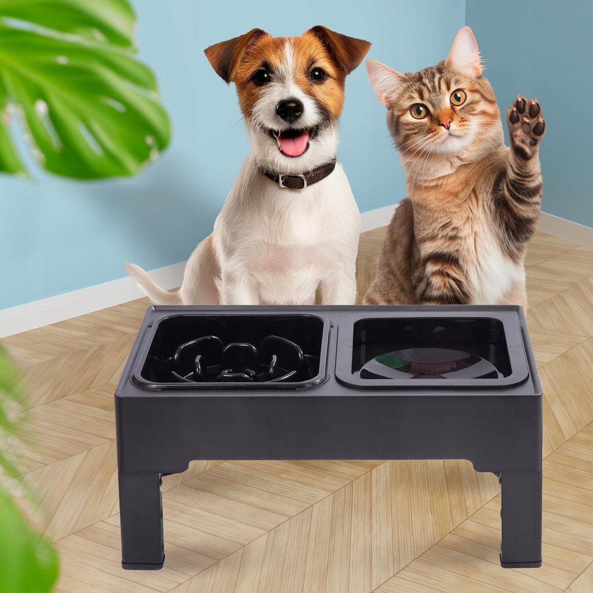 DOG BOWLS ON STAND ADJUSTABLE HEIGHT SLOWING NON-SPILL Packaging status original