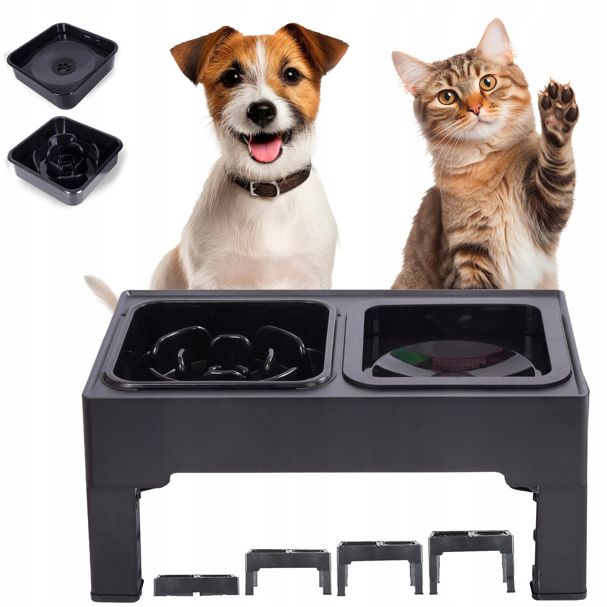 DOG BOWLS ON STAND ADJUSTABLE HEIGHT SLOWING NON-SPILL