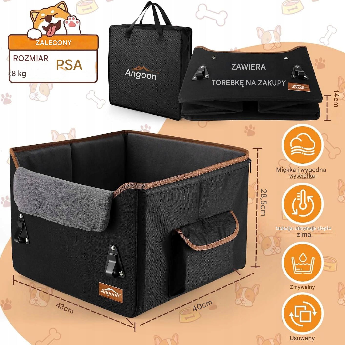 DOG CAR SEAT ANGOONI TRANSPORTER UP TO 8 KG L BLACK FOLDING Product width 43 cm