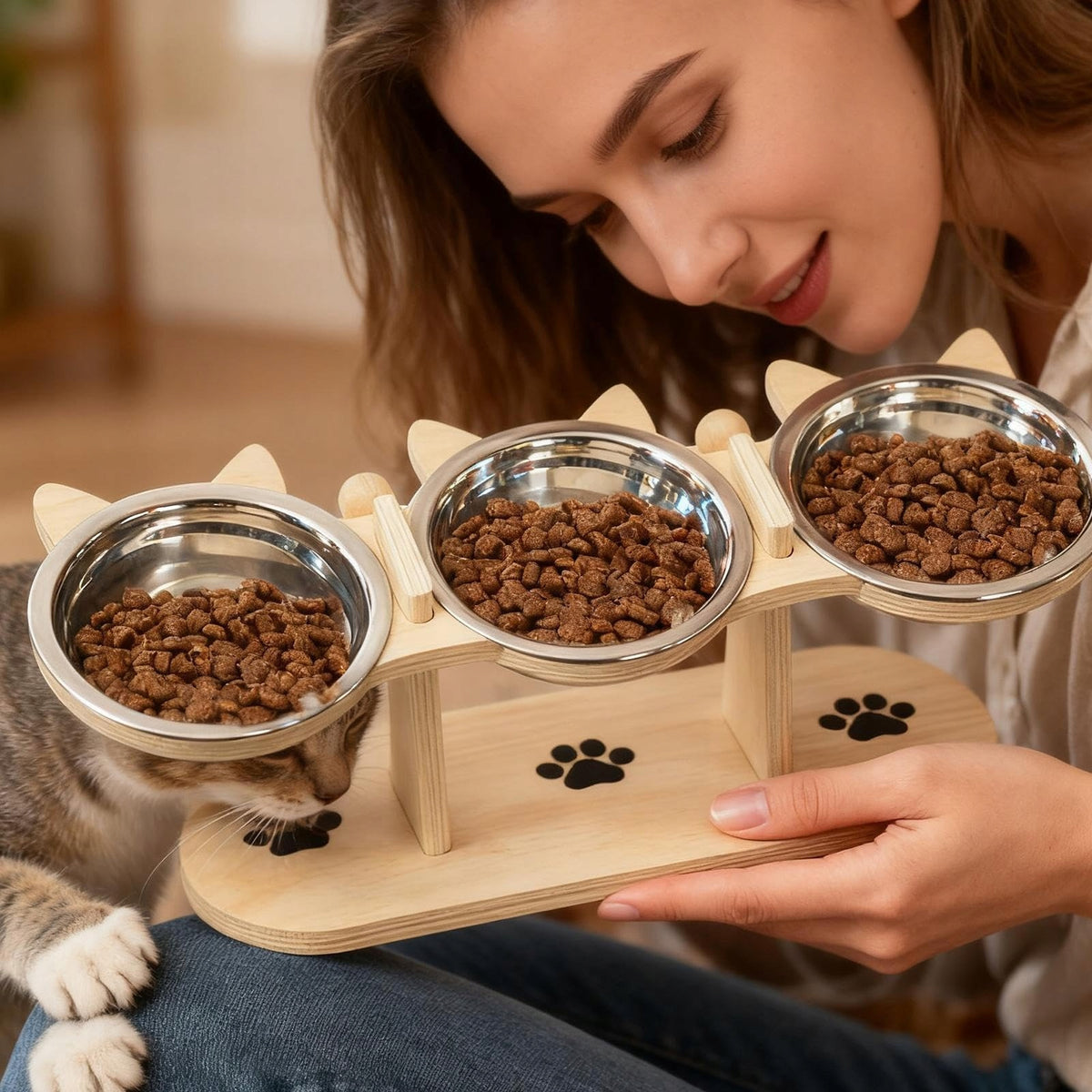 DOG CAT BOWL WITH WOODEN STAND SLANTED 15° 3 STEEL BOWL STABLE Packaging status original