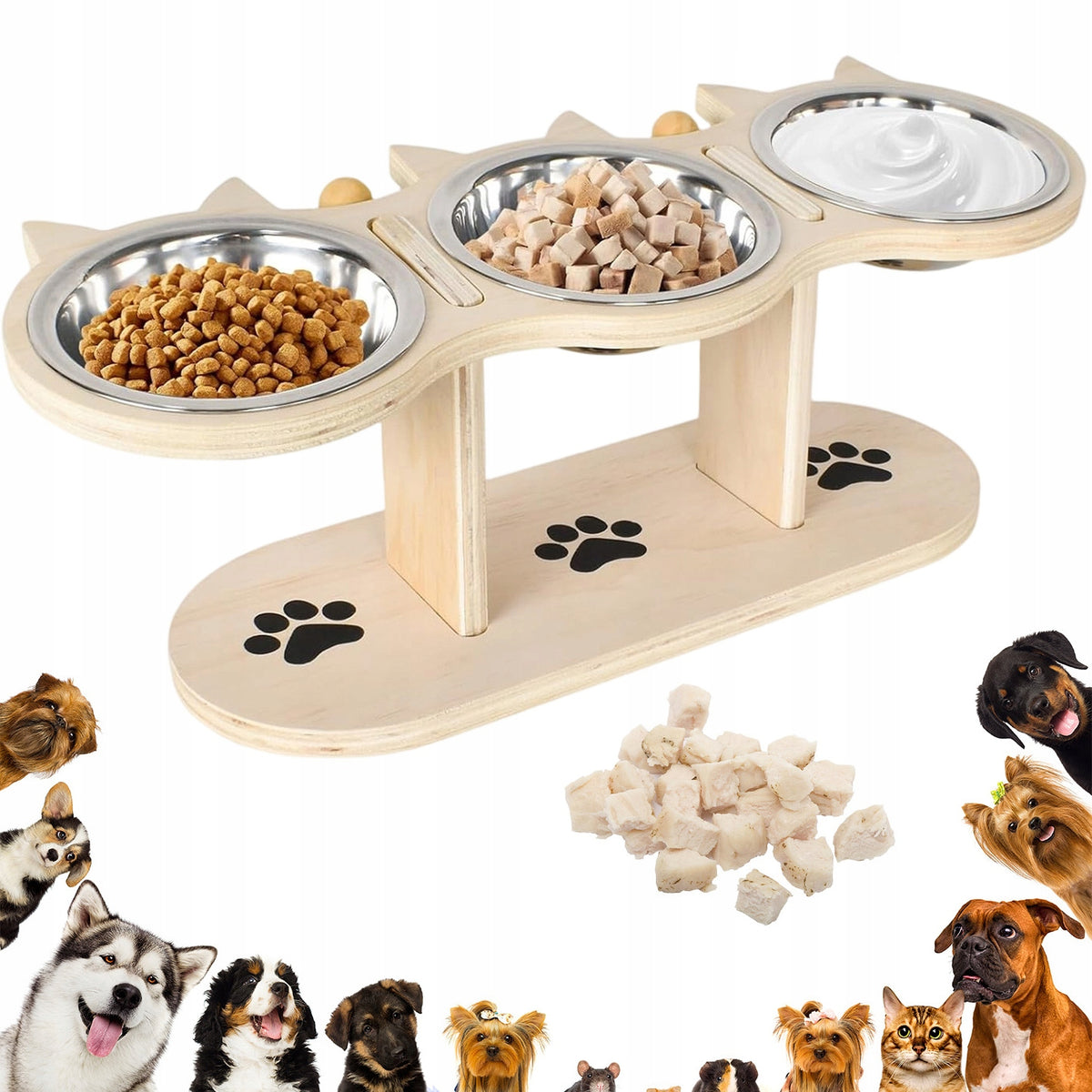 DOG CAT BOWL WITH WOODEN STAND SLANTED 15° 3 STEEL BOWL STABLE