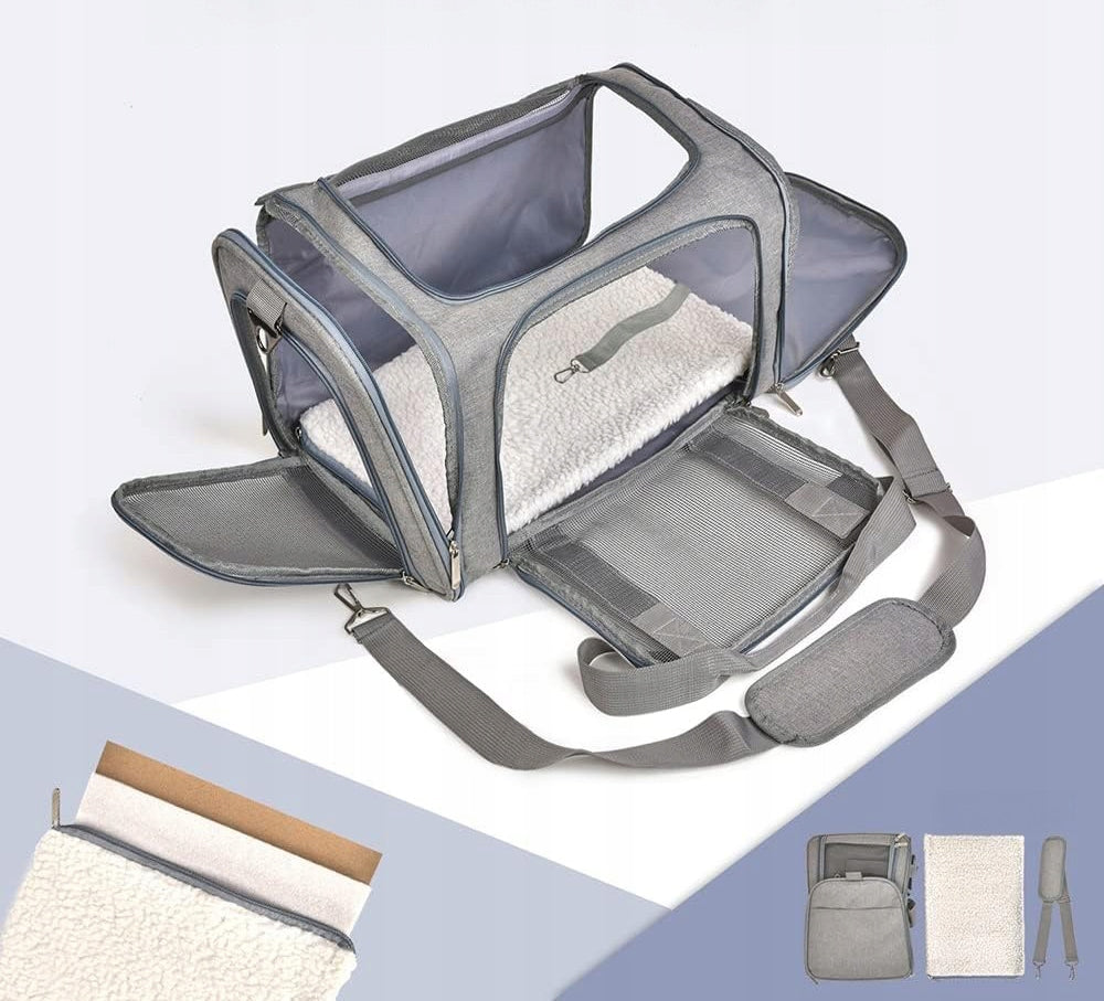 DOG CAT TRANSPORTER SHOULDER TRAVEL BAG WITH PLUSH MAT 50x34x34CM Build type for carrying on the shoulder for hand carrying top opening front or side opening locked