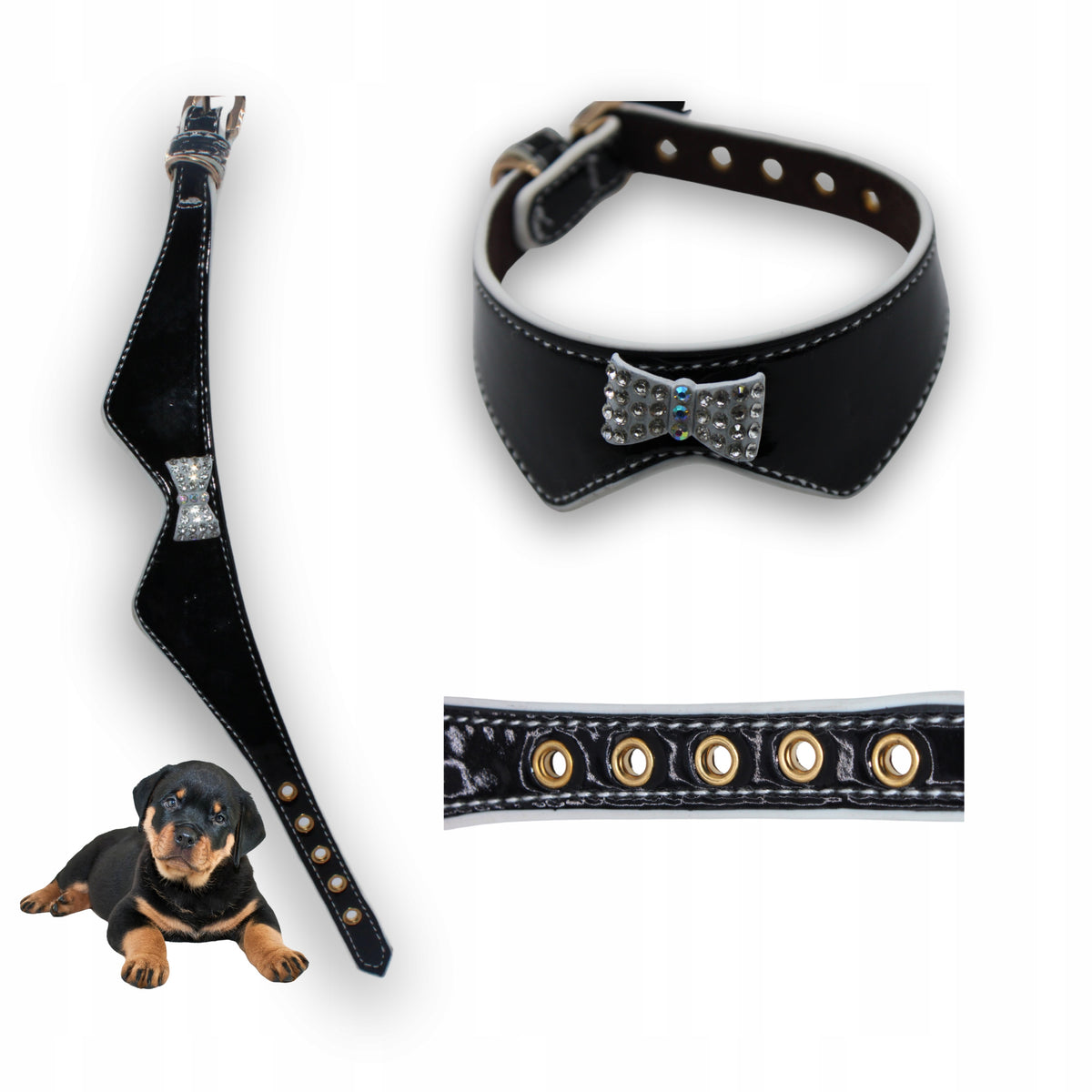 DOG COLLAR BLACK LEATHER BOW RHINESTONES ADJUSTABLE 20-28 CM