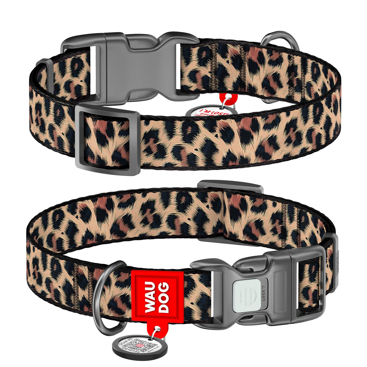 DOG COLLAR L NYLON 25MM 33-49CM WITH QR-PASSPORT WAUDOG LEOPARD