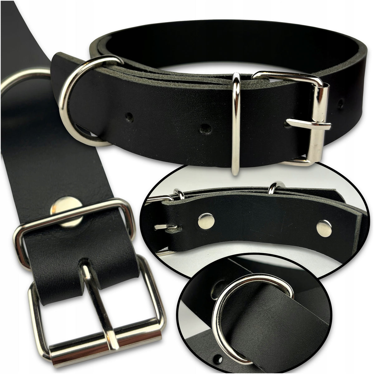 DOG COLLAR LEATHER BLACK STRONG STEEL BUCKLE 100% COW LEATHER M