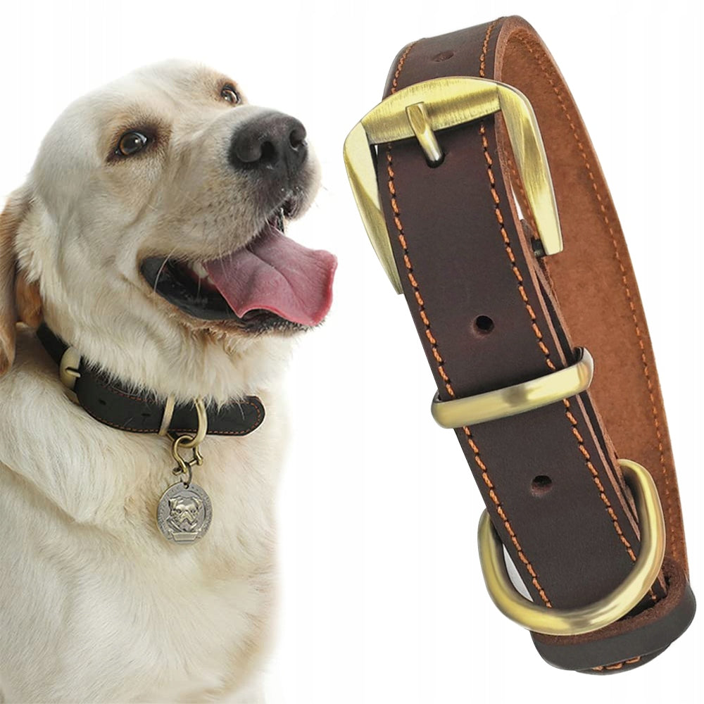 DOG COLLAR LEATHER BROWN STRONG STEEL CATTLE BUCKLE M