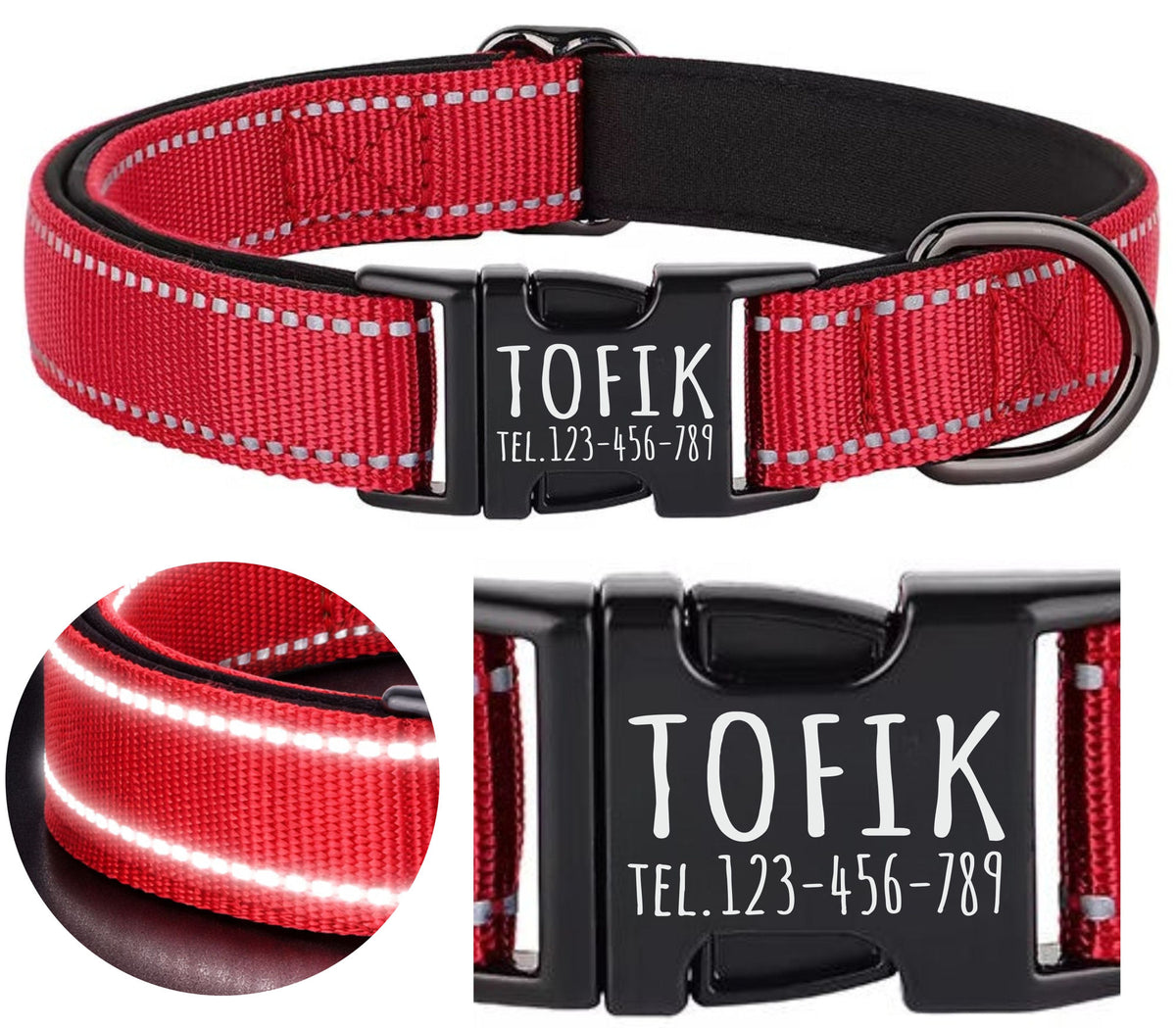 DOG COLLAR Strong REFLECTIVE ID Address + ENGRAVING / Roz. S
