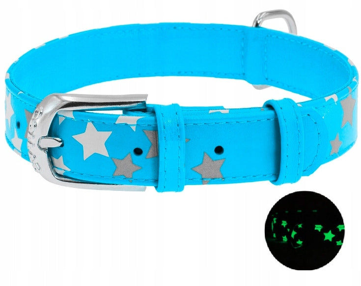 DOG COLLAR leather reflective WAUDOG COLLAR 27-36CM STARS STRONG