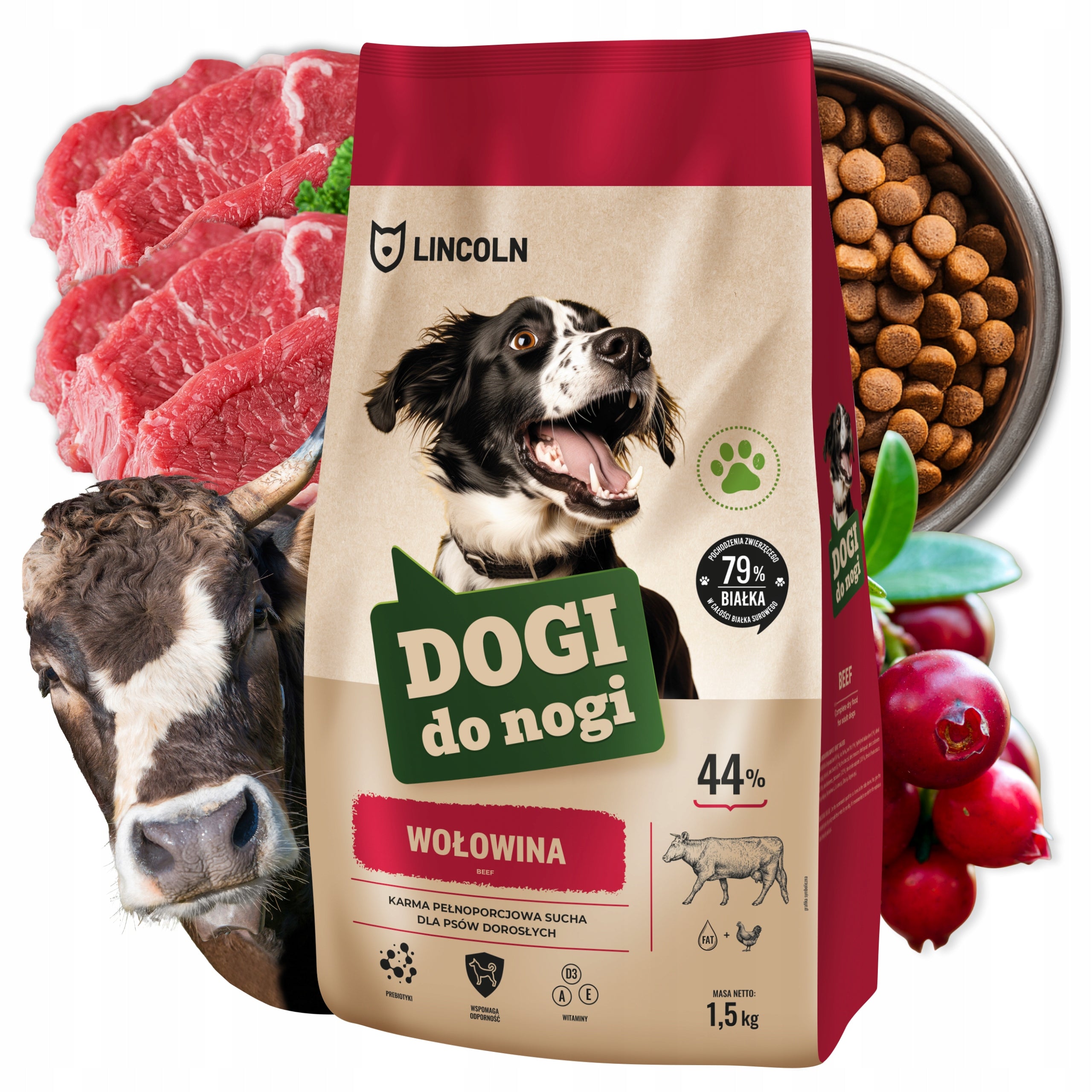 DOG FOOD MEAT 44% BEEF 1,5KG LEG DOGS LABRADOR SHEPHERD Packaging status original