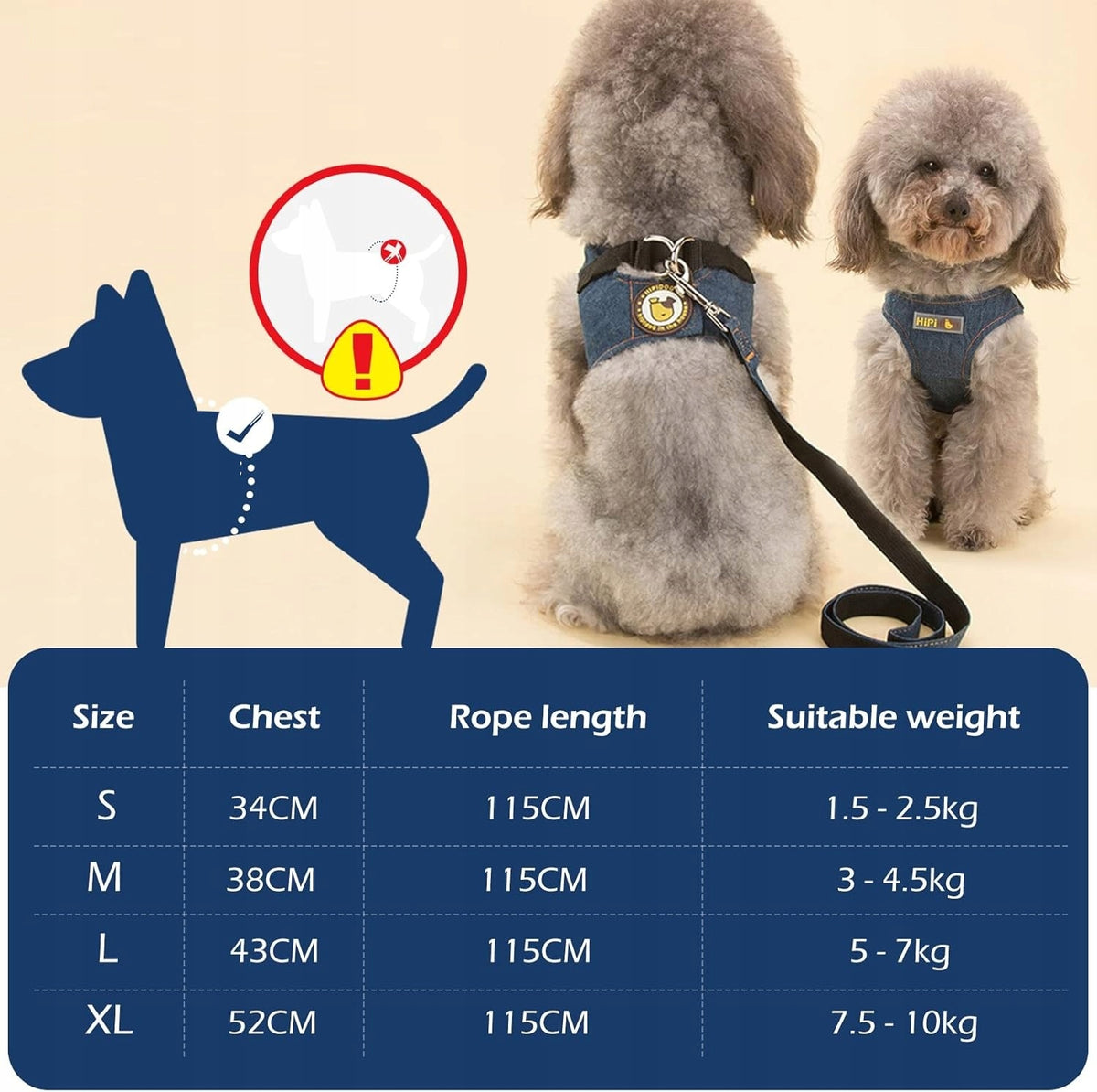 DOG HARNESS AND LEASH SMALL MEDIUM DOGS 7,5-10KG DENIM VEST DENIM Manufacturer code FEGBF