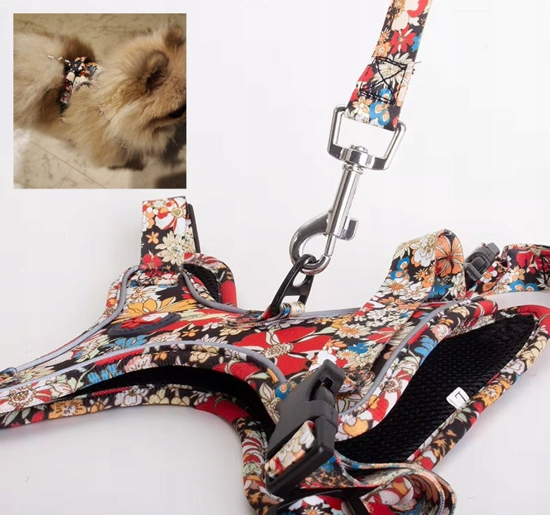 DOG HARNESS WITH REFLECTIVE AND LEASH SIZE L PATTERNED FLORAL Manufacturer code Z0084