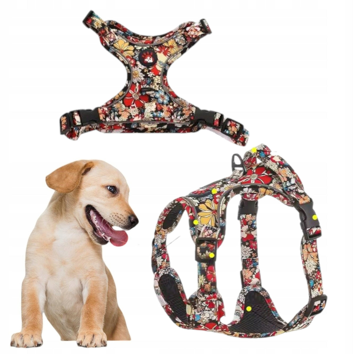 DOG HARNESS WITH REFLECTIVE AND LEASH SIZE L PATTERNED FLORAL