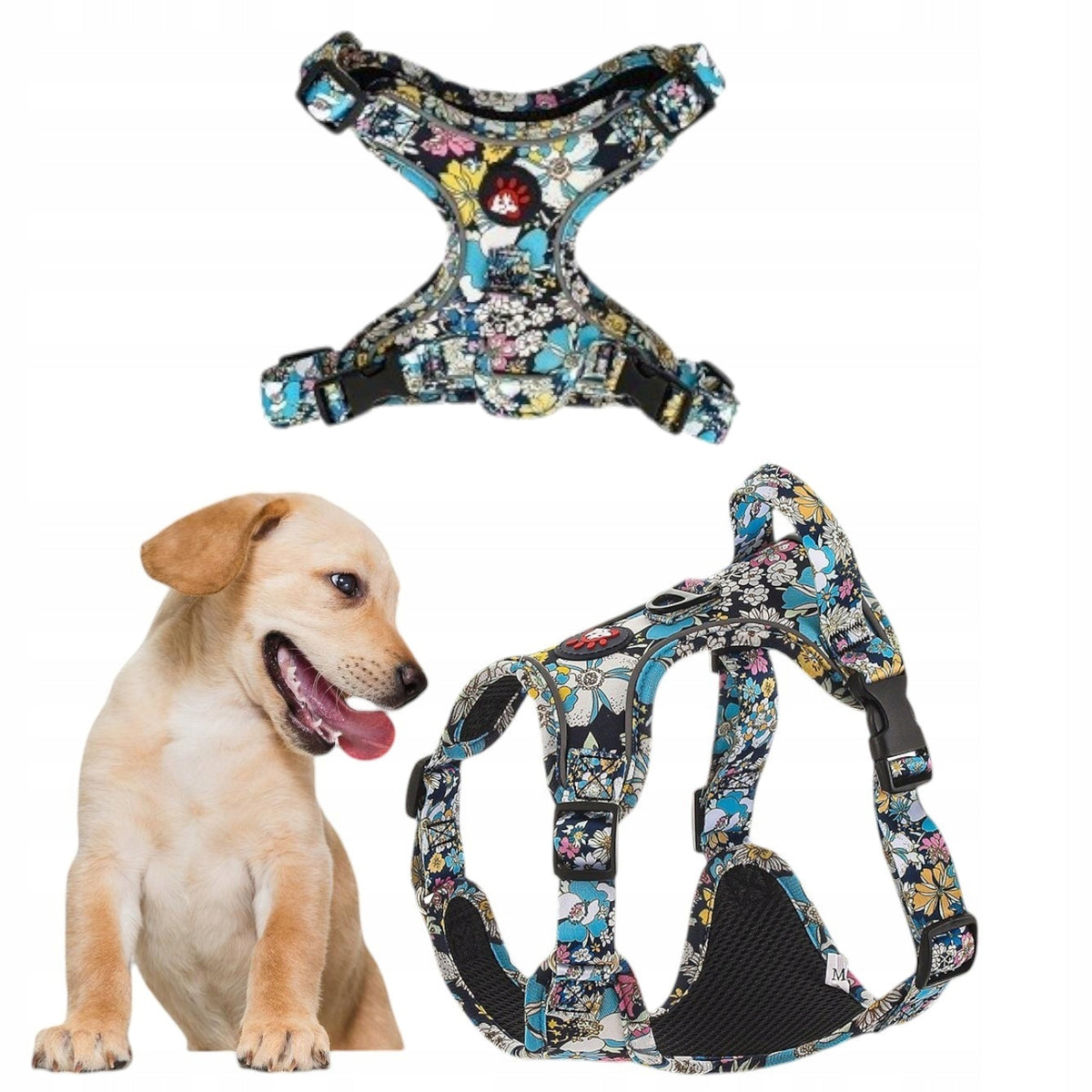 DOG HARNESS WITH REFLECTOR AND LANYARD BLUE M PATTERNED FLORAL